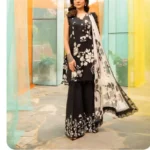 Lawn dress with Cationic chiffon Dopatta - Black